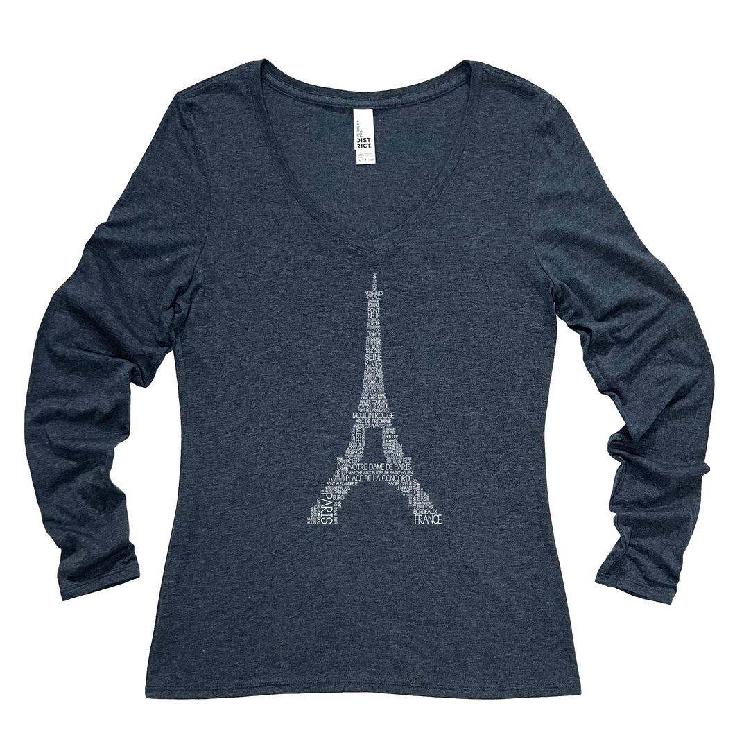 Paris Eiffel Tower Long Sleeve V Neck Tee